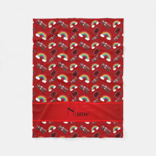Personalized name red fire trucks rainbows fleece blanket