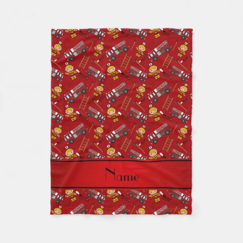 Personalized name red firemen trucks ladders fleece blanket