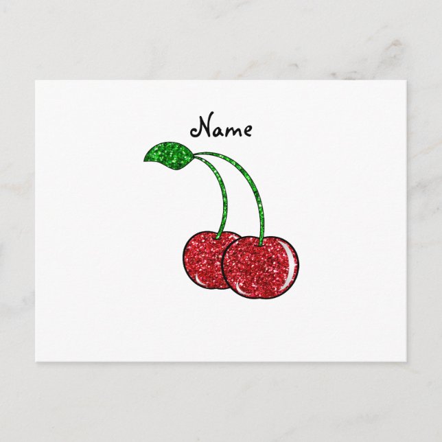 Personalized name red glitter cherry postcard (Front)