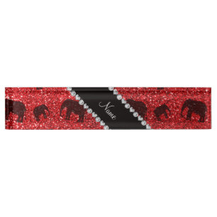 Personalized name red glitter elephants desk name plate