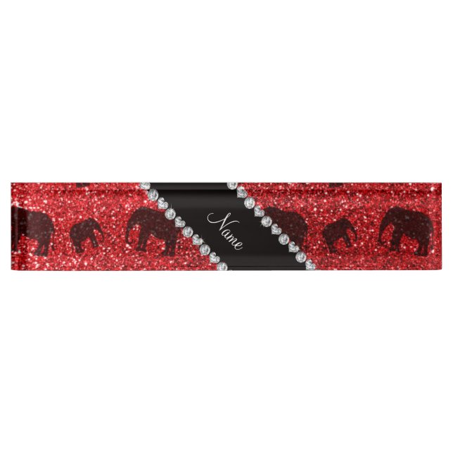 Personalized name red glitter elephants desk name plate (Front)