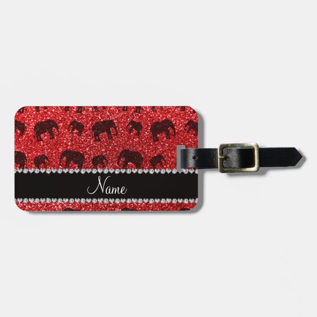 Personalized name red glitter elephants luggage tag (Front Horizontal)