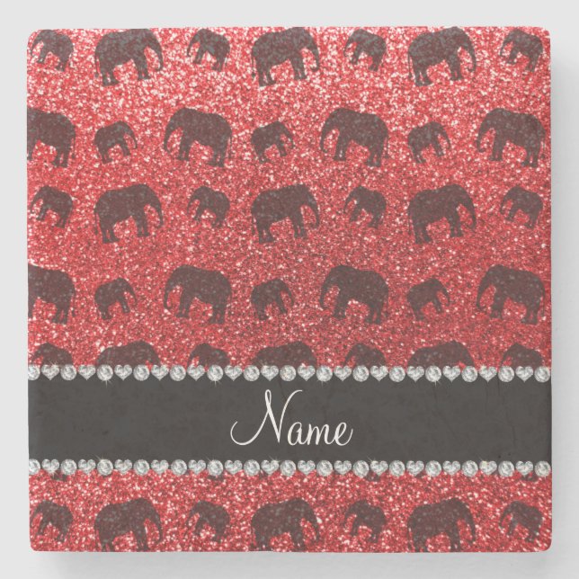 Personalized name red glitter elephants stone coaster (Front)