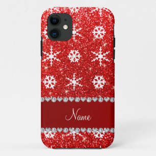 Personalized name red glitter white snowflakes iPhone 11 case