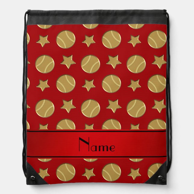 Personalized name red gold baseballs stars drawstring bag (Front)