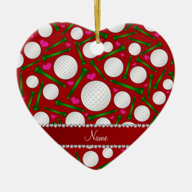Personalized name red golf balls tees hearts ceramic ornament (Front)