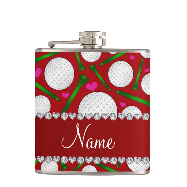 Personalized name red golf balls tees hearts flask (Front)