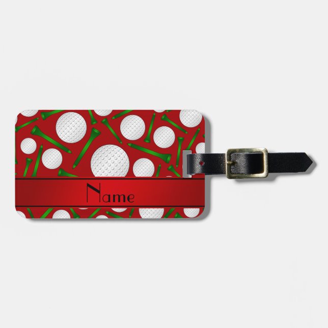 Personalized name red golf balls tees luggage tag (Front Horizontal)