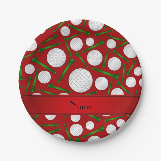Personalized name red golf balls tees paper plates (Front)