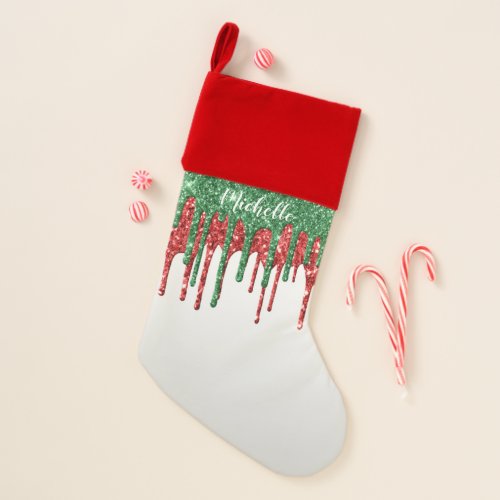 Personalized Name Red Green Glitter Drip Christmas Stocking
