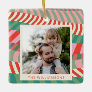 Personalized Name Red Green Pink Geometric Photo Ceramic Ornament