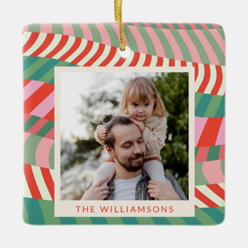 Personalized Name Red Green Pink Geometric Photo  Ceramic Ornament