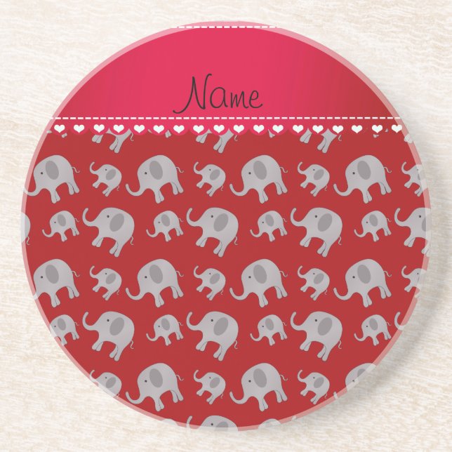 Personalized name red grey elephants sandstone coaster (Front)