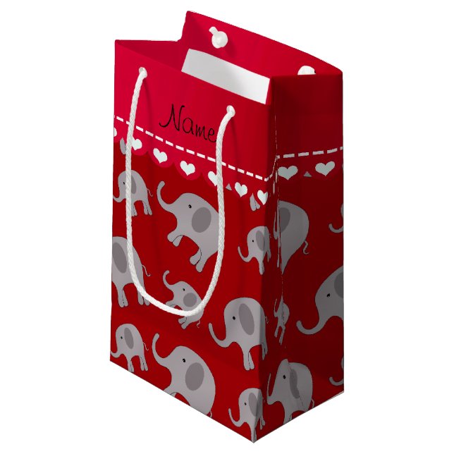 Personalized name red grey elephants small gift bag (Front Angled)