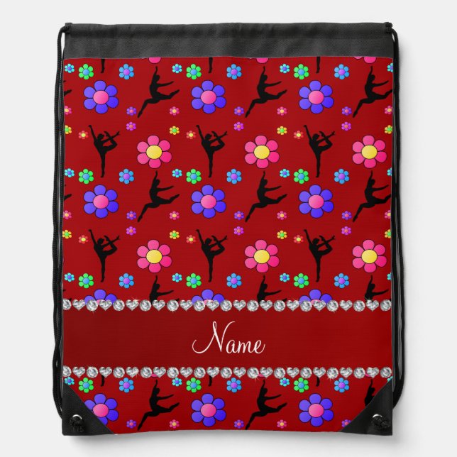 Personalized name red gymnastics flowers drawstring bag (Front)