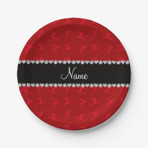 Personalized name red gymnastics pattern paper plates