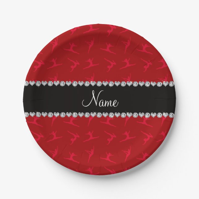 Personalized name red gymnastics pattern paper plates (Front)