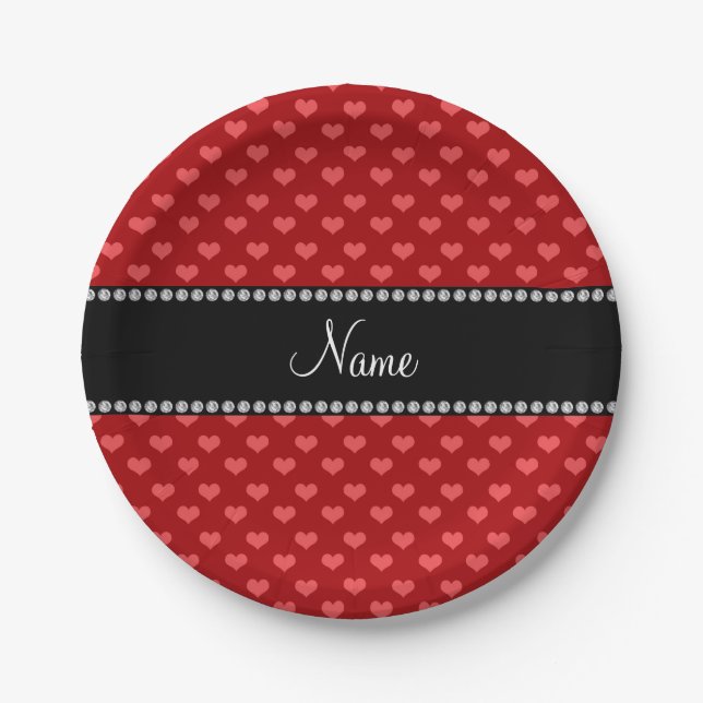 Personalized name red hearts paper plates (Front)