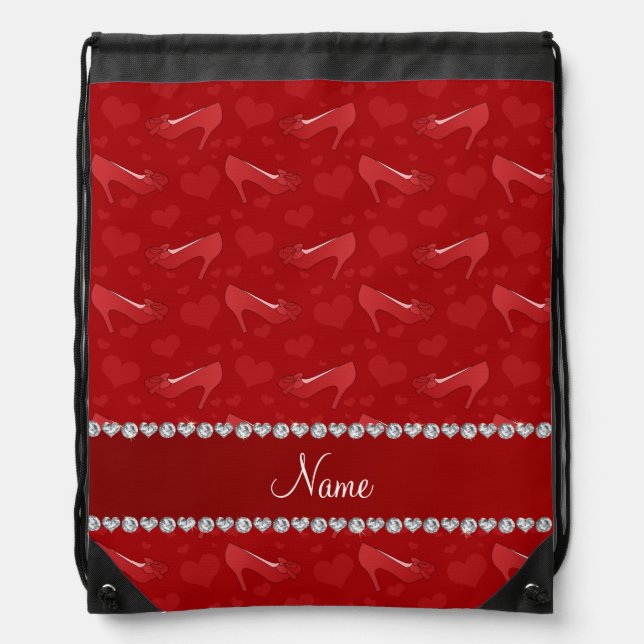 Personalized name red hearts shoes bows drawstring bag (Front)