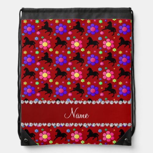 Personalized name red horses flowers pattern drawstring bag