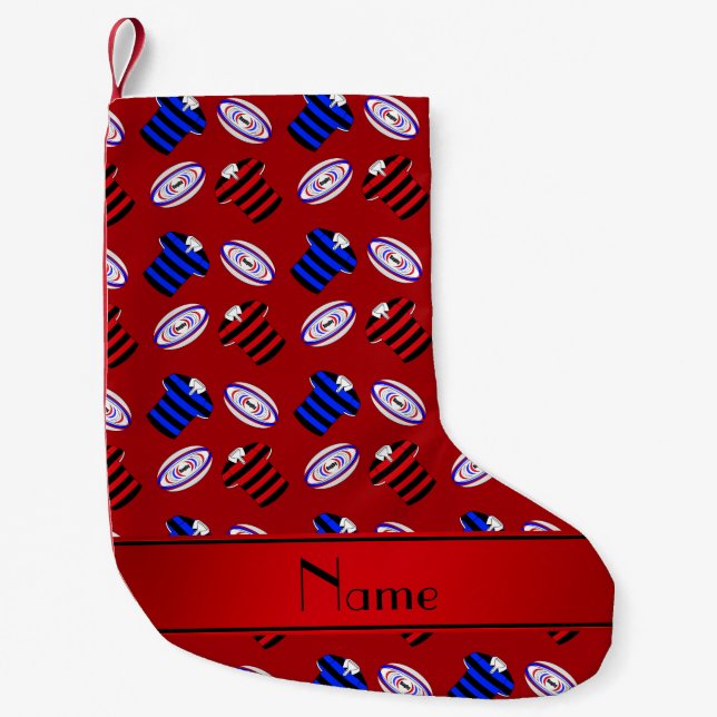Personalized name red jerseys rugby balls small christmas stocking (Front)