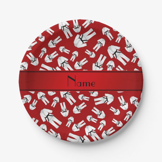 Personalized name red karate pattern paper plates (Front)