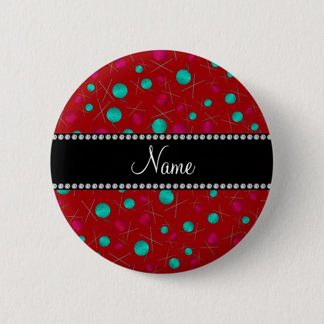 Personalized name red knitting pattern pinback button (Front)