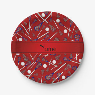 Personalized name red lacrosse pattern paper plates