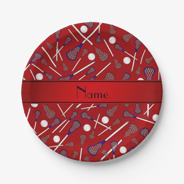 Personalized name red lacrosse pattern paper plates (Front)