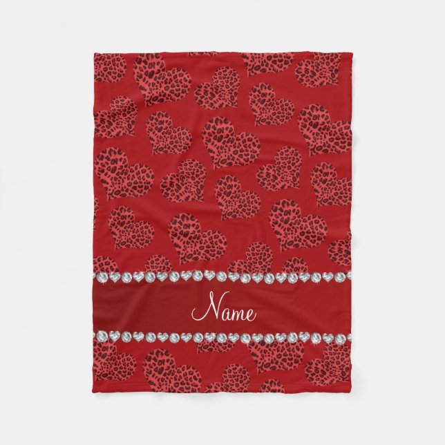 Personalized name red leopard hearts fleece blanket (Front)