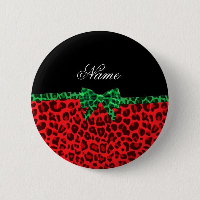 Personalized name red leopard print green bow pinback button (Front)