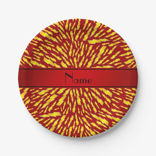 Personalized name red lightning bolts paper plates (Front)