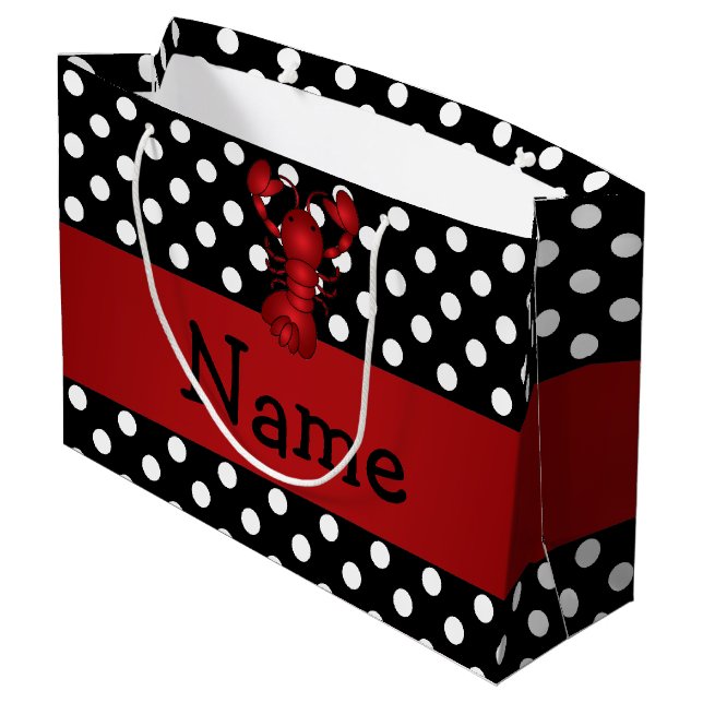 Personalized name red lobster black polka dots large gift bag (Back Angled)