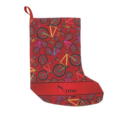 Personalized name red mountain bikes small christmas stocking