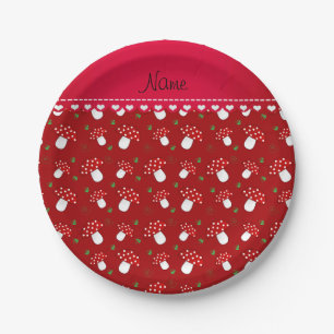 Personalized name red mushrooms paper plates