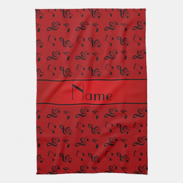 Personalized name red music notes kitchen towel (Vertical)