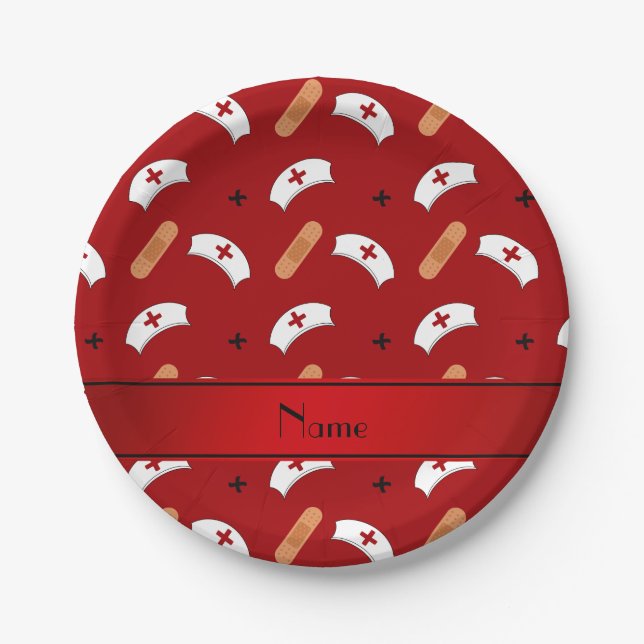 Personalized name red nurse pattern paper plates (Front)