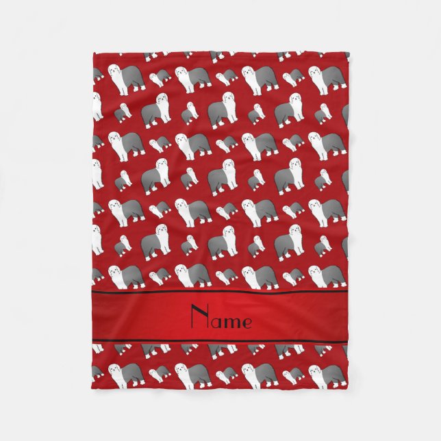 Personalized name red Old English Sheepdog dogs Fleece Blanket (Front)