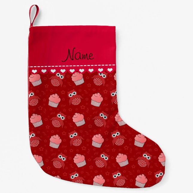 Personalized name red owl cupcakes stars pattern small christmas stocking (Front)