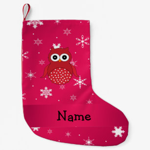 Personalized name red owl pink snowflakes small christmas stocking