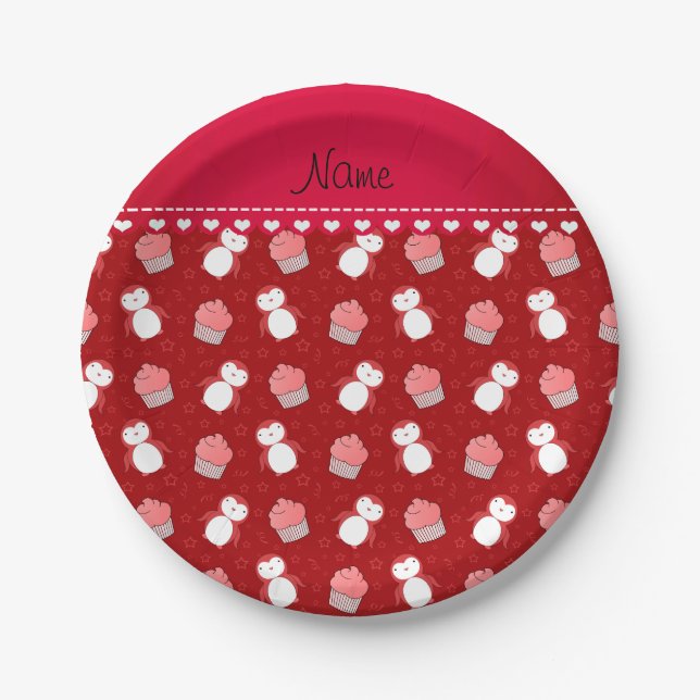 Personalized name red penguins cupcakes stars paper plates (Front)