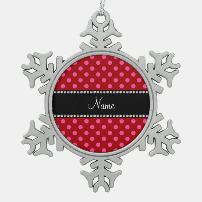 Personalized name red pink polka dots snowflake pewter christmas ornament (Front)