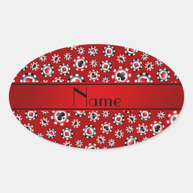 Personalized name red poker chips oval sticker (Front)