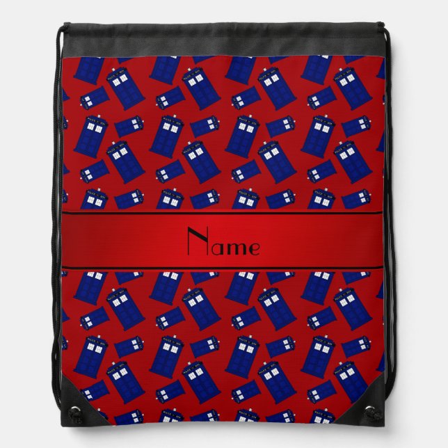 Personalized name red police box red stripe drawstring bag (Front)