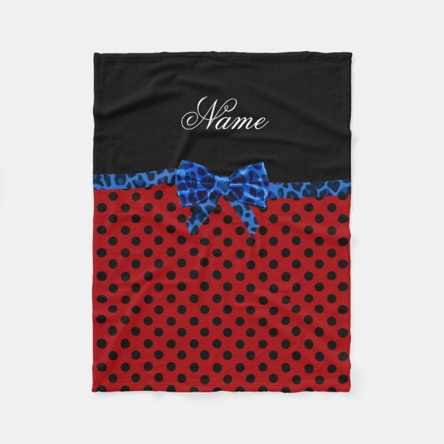 Personalized name red polka dots blue leopard bow fleece blanket (Front)