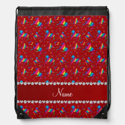 Personalized name red rainbow horses stars drawstring bag