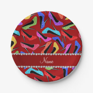 Personalized name red rainbow leopard high heels paper plates