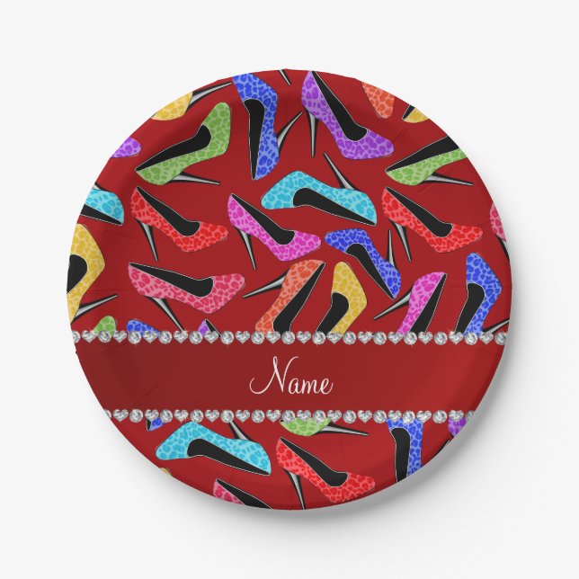 Personalized name red rainbow leopard high heels paper plates (Front)