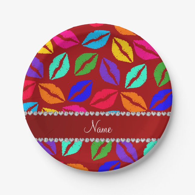 Personalized name red rainbow lipstick kisses paper plates (Front)