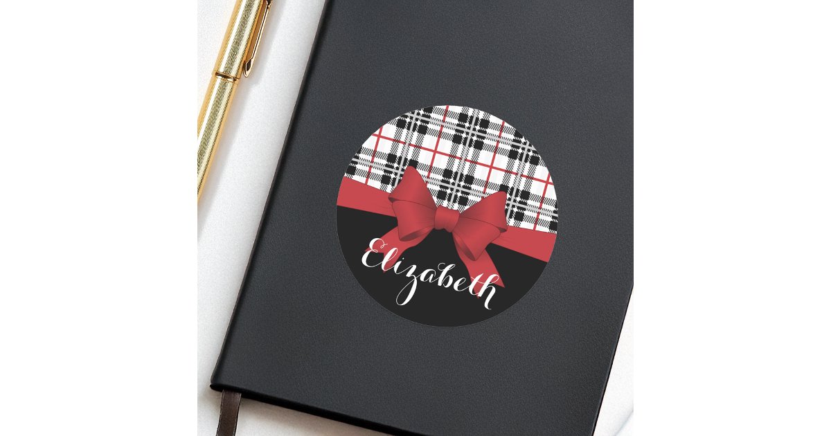 Personalized Name Red Ribbon and Tartan Plaid Classic Round Sticker ...